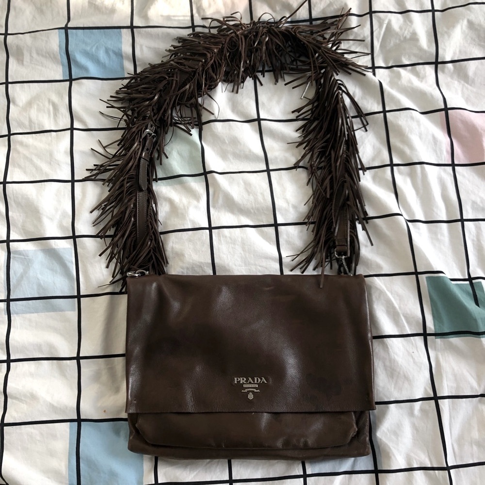 Prada brown leather purse with fringe strap